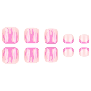 Pink press-on toenails with white flame patterns and classic French tip design set
