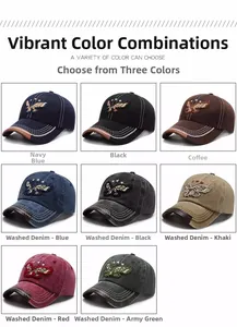 Detail of embroidered eagle and star patterns on multi-color cotton baseball caps