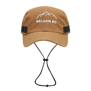 Khaki five-panel quick-dry baseball cap with mountain embroidery and windproof cord