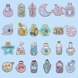 Collection of 24 cute enamel pins with drifting bottle animal and bubble tea designs