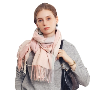 Elegant plaid color-block tassel scarf for women in soft pink and mint green shades