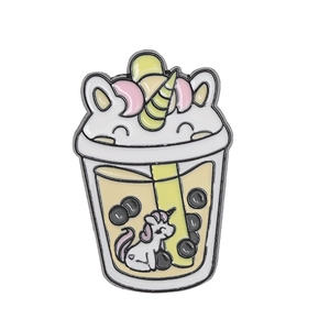 Cute enamel unicorn bubble tea brooch pin with pastel colors and cartoon animal design