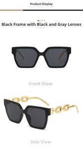 Detail of luxury square sunglasses with elegant gold chain metal temples and black frame