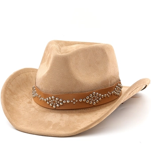 Chapeau De Cow-Boy Western Suédine Bord Large Bande Cuir Rivetée Style Bohème Rétro Voyage Extérieur