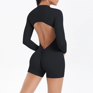 Detail of black backless long sleeve jumpsuit with ruched peach lift effect