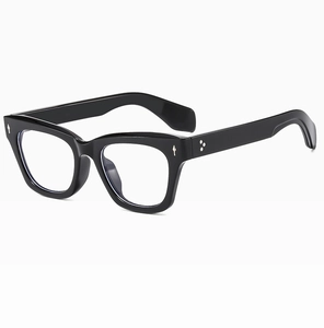 Detail of premium thick black frames with silver arrow hardware and rivet accents