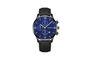 Detail view of a men's watch with blue Roman numeral dial, date window and black leather strap