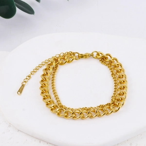 Double-layered 18K gold plated stainless steel Cuban chain bracelet with lobster clasp
