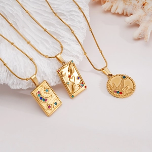 Golden titanium steel tarot necklace pendants with celestial sun moon and colorful crystals
