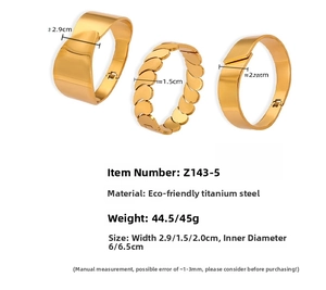 Three-piece gold titanium steel wide bangles set with detailed size measurements