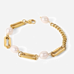 Artificial Pearl Paperclip Chain Bracelet For Women 18K Gold PVD Plated Stainless Steel Retro Geometric Niche Jewelry Elegant Gift