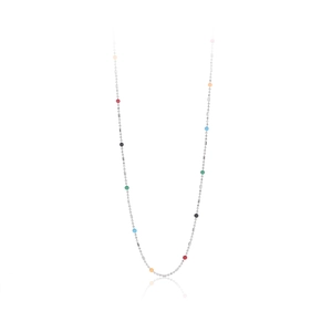 S925 sterling silver rainbow bead necklace featuring colorful round charms on a thin chain