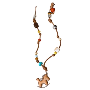 Boho wood rocking horse pendant necklace with colorful beads and braided cord strap