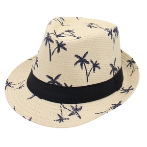 Classic Panama style beach hat with navy blue palm tree pattern and black ribbon band
