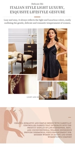 Detail of luxury black satin nightgown with leopard print and elegant lace neckline