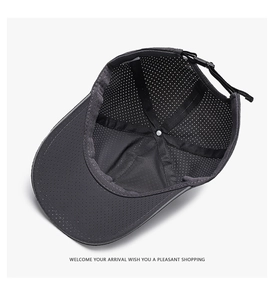Detail view of mesh baseball cap interior with sweatband and adjustable back strap
