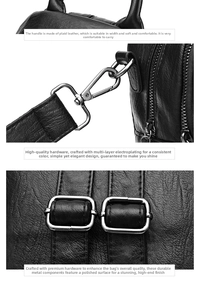 Detail of black lychee grain leather bag showing silver hardware and comfortable handle