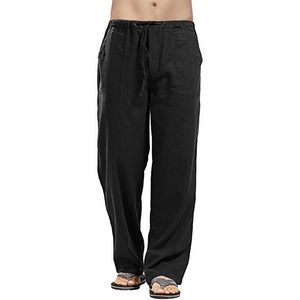 Pantaloni casual da uomo in lino nero con coulisse in vita e vestibilità comoda