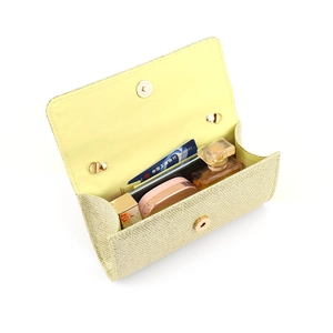 Sparkling gold glitter envelope clutch bag with chain showing interior storage capacity