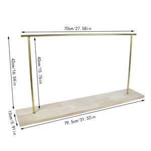 Detailed dimension guide for the hanger-style gold jewelry stand with wooden base