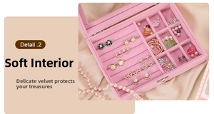 Detail view of pink velvet jewelry box interior with earring slots and ring compartments
