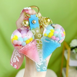 Cute Ice Cream Acrylic Keychain With Floating Liquid Beads Bell Luminous Quicksand Bag Pendant Soft Silicone Strap Gift