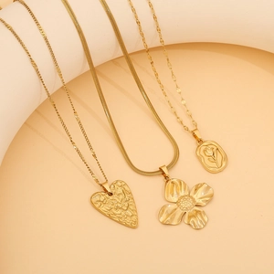 Golden stainless steel necklaces with sun, heart, and tulip floral pendants for women