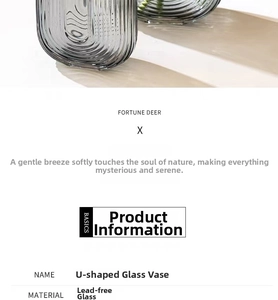 Macro detail of U-shaped smoke grey glass vase with vertical ripple texture and lead-free material