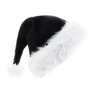 Close-up of thick black plush Christmas hat with fluffy white faux fur pompom and cuff