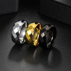 Faceted geometric stainless steel rings for men in silver, gold, and black finishes
