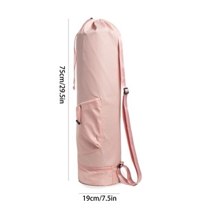 Pink yoga mat bag showing dimensions 75cm height and 19cm diameter with adjustable strap