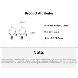 Detailed view of silver hook earrings with blue zircon drop and size dimensions