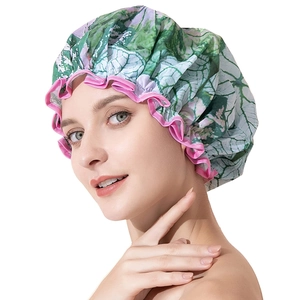 Waterproof double-layer satin shower cap with green leaf print and pink ruffle edge