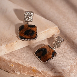 Vintage leopard print square earrings with silver needle and hammered metal texture