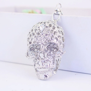 Silver skull keychain with sparkling crystals and metal lobster clasp for men and women