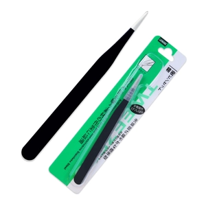 Precision stainless steel tweezers with anti-static black coating and retail packaging
