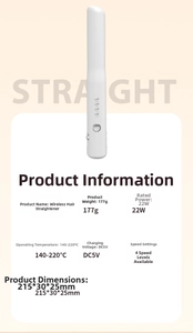 Detailed technical specifications for the portable white 22W cordless hair straightener