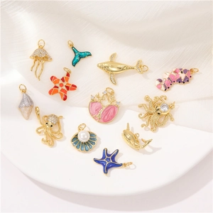 Marine Life Pendants Copper 14K Gold Plated Enamel Zircon Imitation Artificial Pearl DIY Jewelry Charms Seahorse Shell Starfish