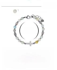 Detail showing 6mm amazonite beads with stainless steel cross pendant on handcraft bracelet