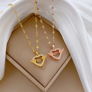Heart Angel Wing Pendant Necklace Titanium Steel Copper Micro Paved Zircon Elegant Sparkling For Women