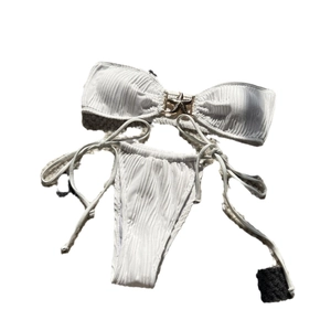 White ribbed bikini set with golden starfish buckle and side-tie high-cut bottoms