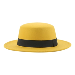 Classic yellow wool felt boater hat for kids with a black grosgrain ribbon detail