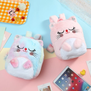 Close-up of pink and rainbow plush cat backpacks with embroidered eyes and glittery ears