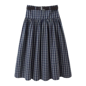 Damen Karierter Midi Rock Hohe Taille A-Linie Plissiert Tartan Mit Gürtel Polyester Casual Streetwear