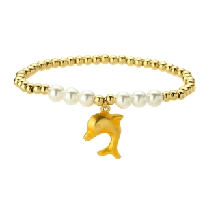 Elegant gold beaded bracelet with white pearls and a polished dolphin pendant charm