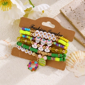 Detailed shot of Easter beaded bracelet set with bunny charms and Happy Easter letter beads