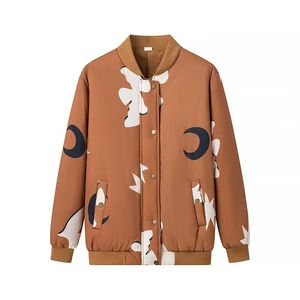 Braune Vintage-Baseballjacke mit Mond- und Sternenmuster und Knopfverschluss