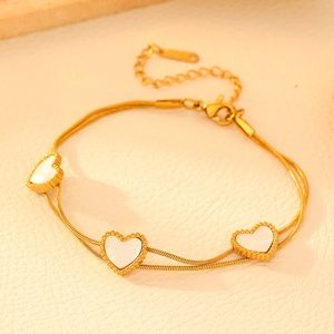 18k gold plated stainless steel double chain bracelet with white heart-shaped pendants
