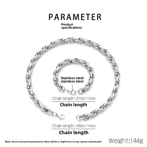 Detailed specs of stainless steel necklace and bracelet set with lobster clasp measurements