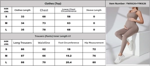 Size chart for seamless maternity yoga set showing measurements for bra and leggings